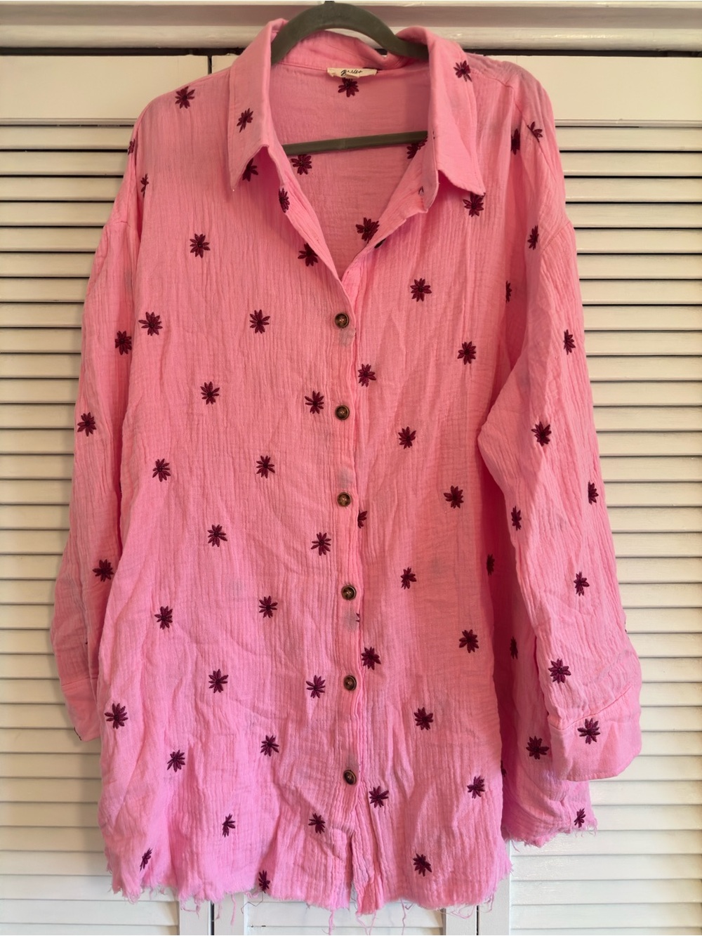 Pink Embroidered Button-Front Women's Swim Coverup